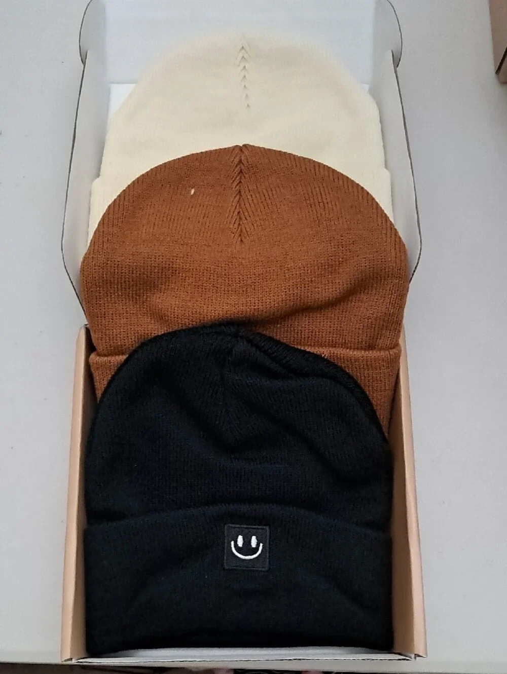 Cream, Black And Rust Toddler Beanie with Smiley Patch 3 Pack